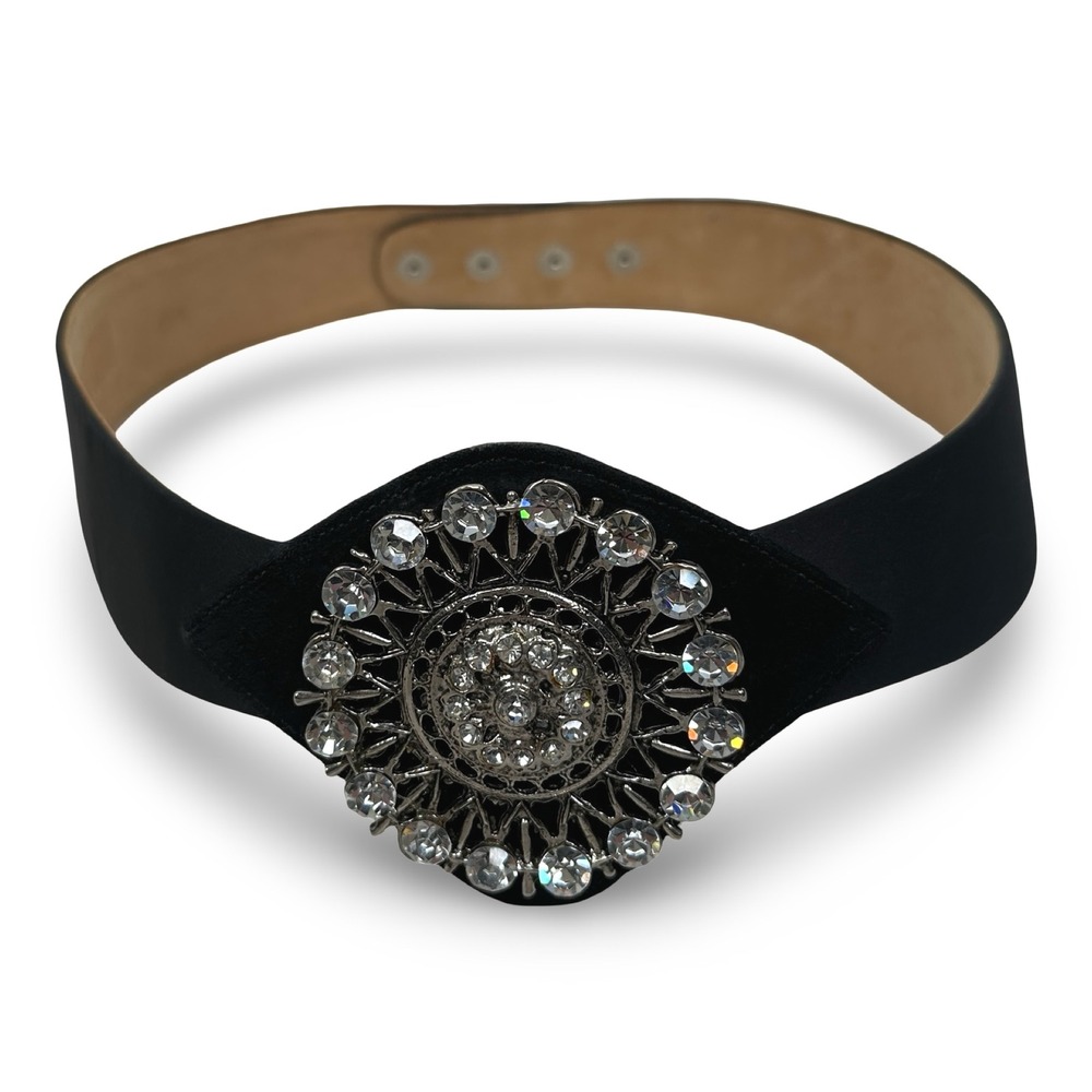 Vintage Cache Womens‎ Belt Black Strap Rhinestone Medallion Silver Tone Snap M